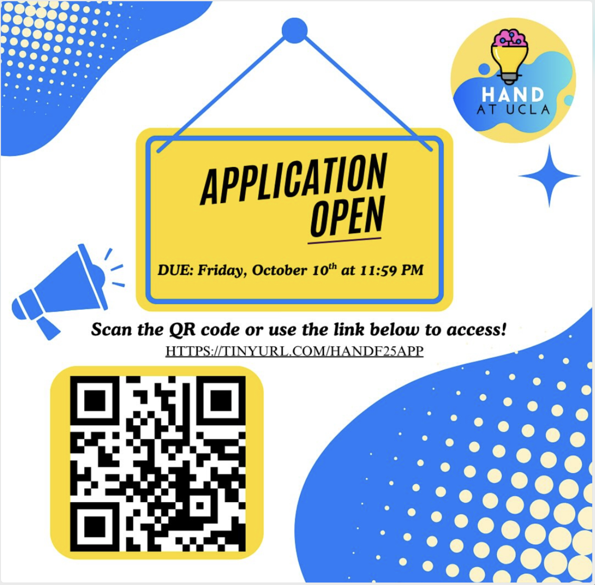 HAND at UCLA recruitment poster. Applications due Friday, October 10th at 11:59 PM. Link to apply is tinyurl.com/HANDF25APP.